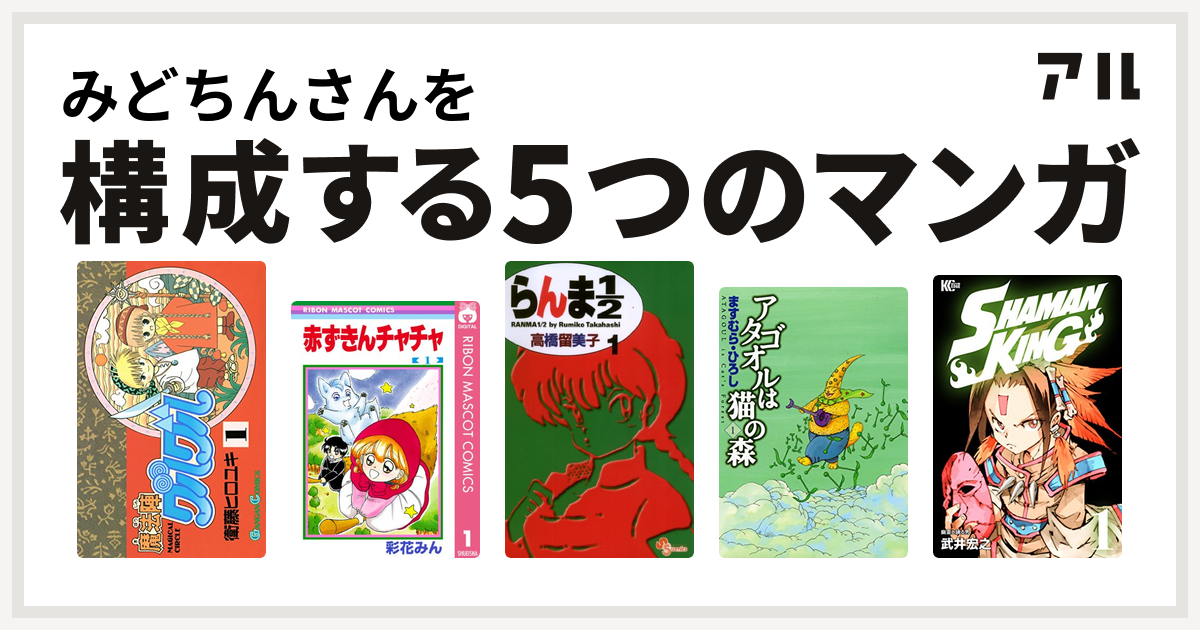 みどちんさんを構成するマンガは魔法陣グルグル 赤ずきんチャチャ らんま1 2 アタゴオルは猫の森 Shaman King シャーマンキング 私を構成する5つのマンガ アル