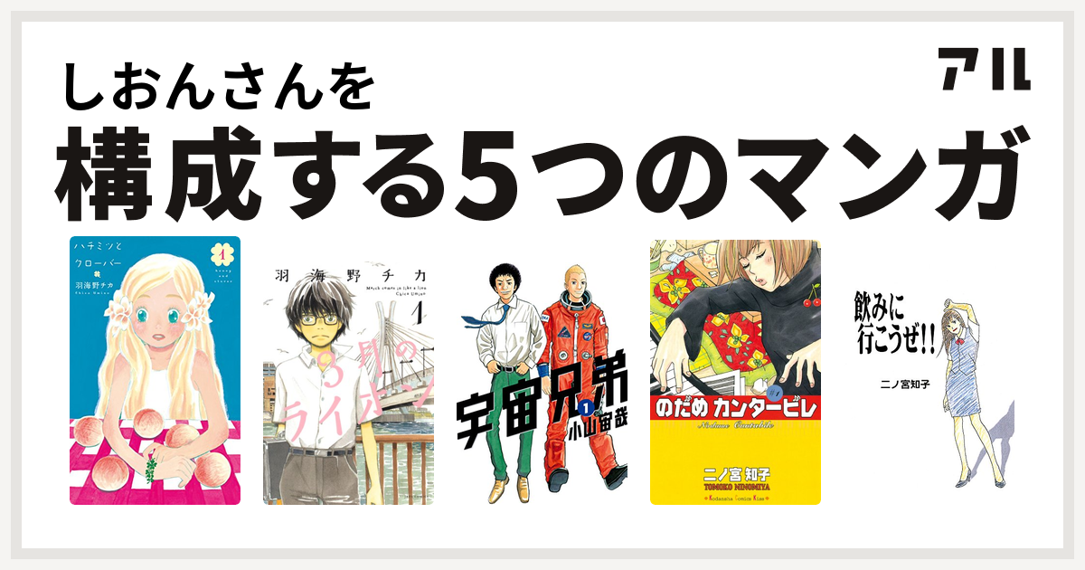 しおんさんを構成するマンガはハチミツとクローバー 3月のライオン 宇宙兄弟 のだめカンタービレ 飲みに行こうぜ 私を構成する5つのマンガ アル