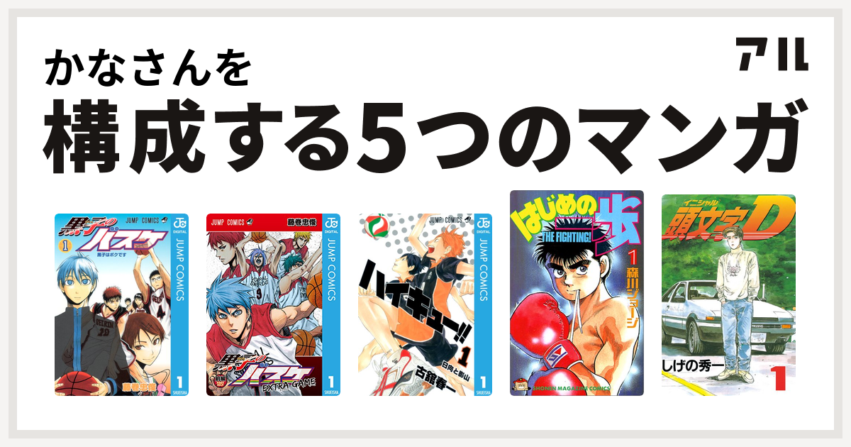 かなさんを構成するマンガは黒子のバスケ 黒子のバスケ Extra Game ハイキュー はじめの一歩 頭文字d 私を構成する5つのマンガ アル