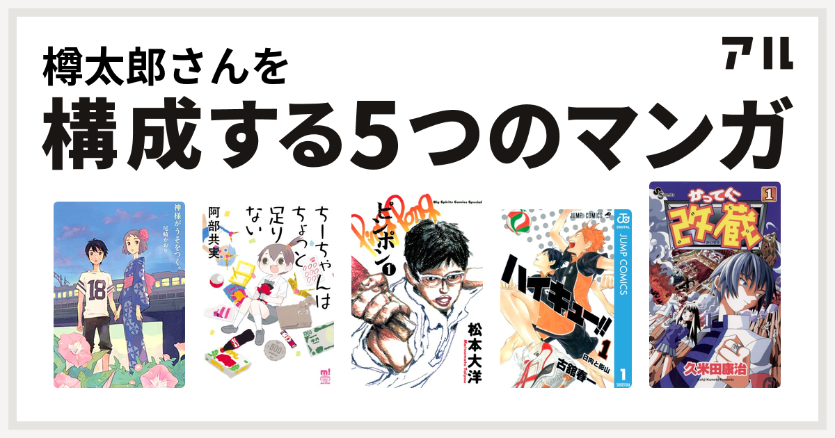 樽太郎さんを構成するマンガは神様がうそをつく ちーちゃんはちょっと足りない ピンポン ハイキュー かってに改蔵 私を構成する5つのマンガ アル