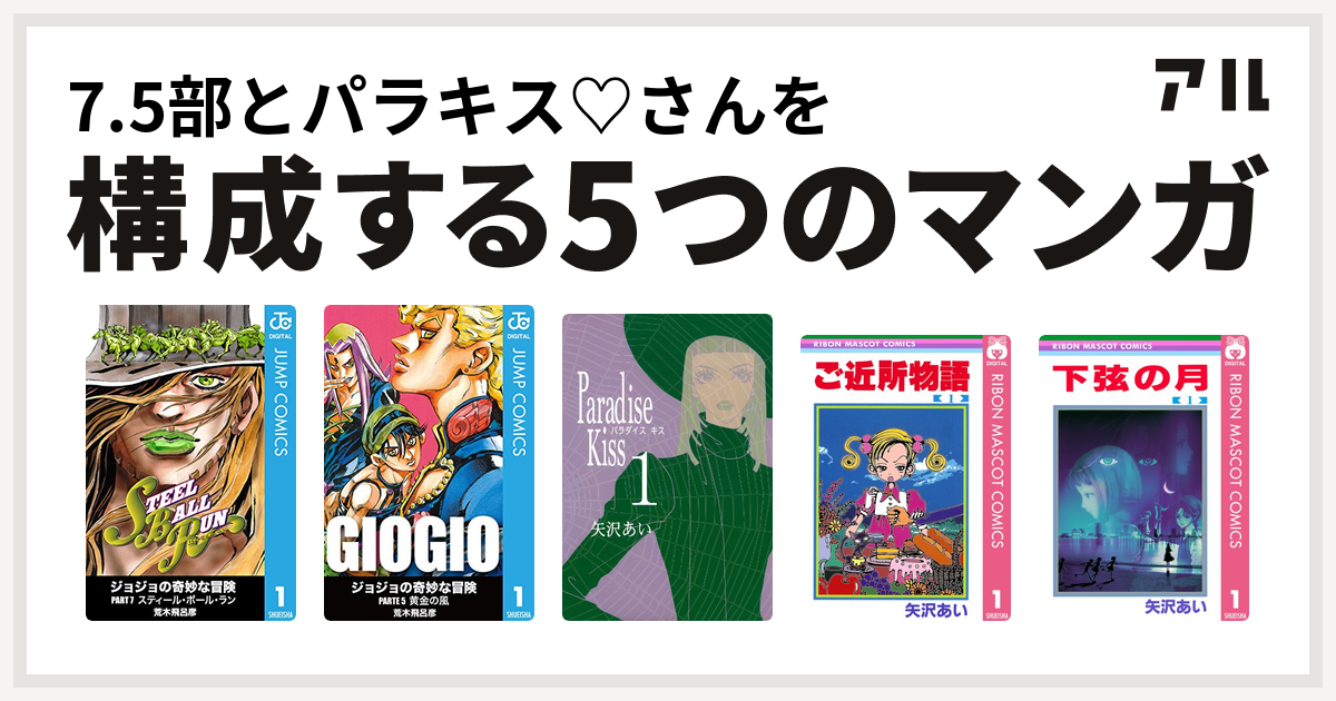 7 5部とパラキス さんを構成するマンガはジョジョの奇妙な冒険 第7部 ジョジョの奇妙な冒険 第5部 Paradise Kiss ご近所物語 下弦の月 私を構成する5つのマンガ アル