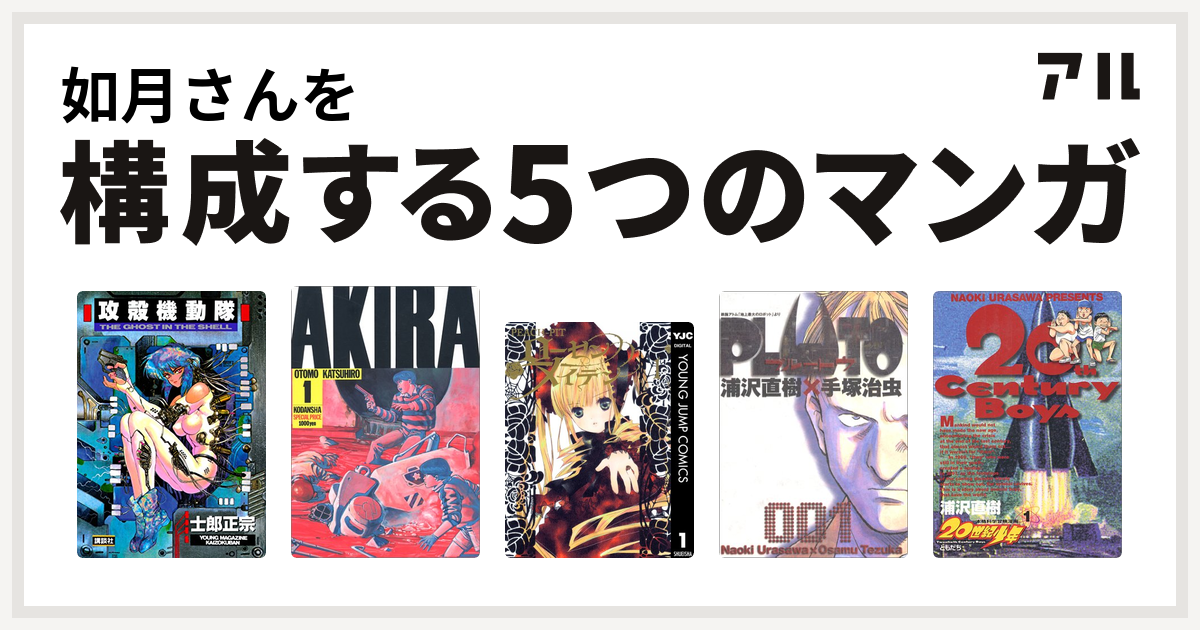 如月さんを構成するマンガは攻殻機動隊
AKIRA
ローゼンメイデン
PLUTO
20世紀少年！