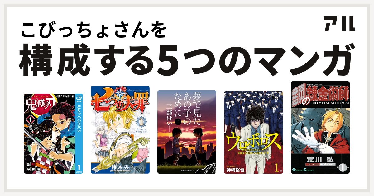 こびっちょさんを構成するマンガは鬼滅の刃 七つの大罪 夢で見たあの子のために ウロボロス 警察ヲ裁クハ我ニアリ 鋼の錬金術師 私を構成する5つの マンガ アル