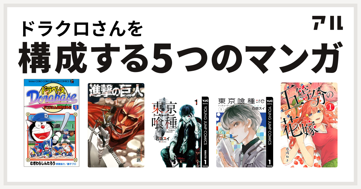 ドラクロさんを構成するマンガはドラベース ドラえもん超野球 スーパーベースボール 外伝 進撃の巨人 東京喰種トーキョーグール 東京喰種トーキョーグール Re 五等分の花嫁 私を構成する5つのマンガ アル