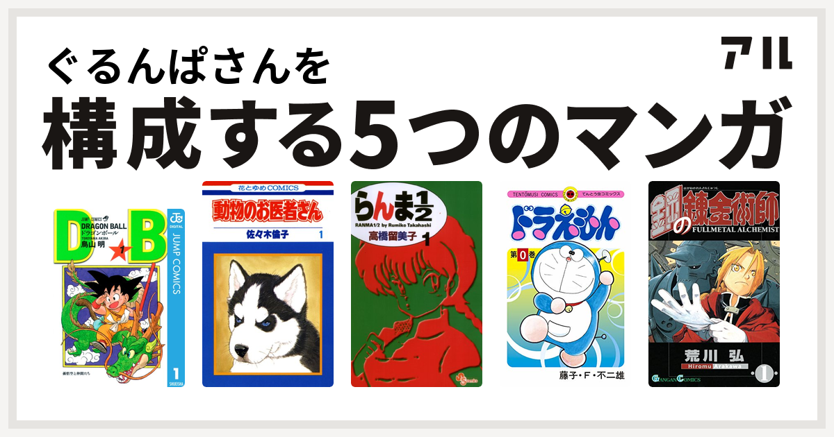 ぐるんぱさんを構成するマンガはドラゴンボール 動物のお医者さん らんま1 2 ドラえもん 鋼の錬金術師 私を構成する5つのマンガ アル