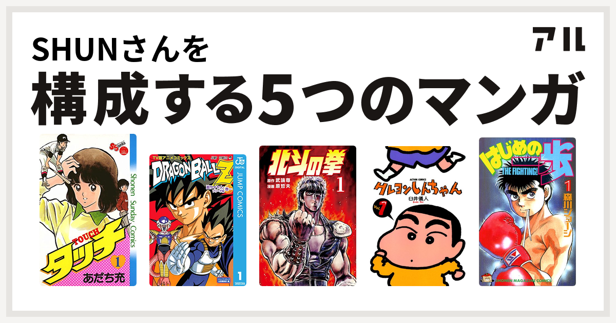 Shunさんを構成するマンガはタッチ ドラゴンボールz アニメコミックス 超サイヤ人 フリーザ編 北斗の拳 クレヨンしんちゃん はじめの一歩 私を構成する5つのマンガ アル