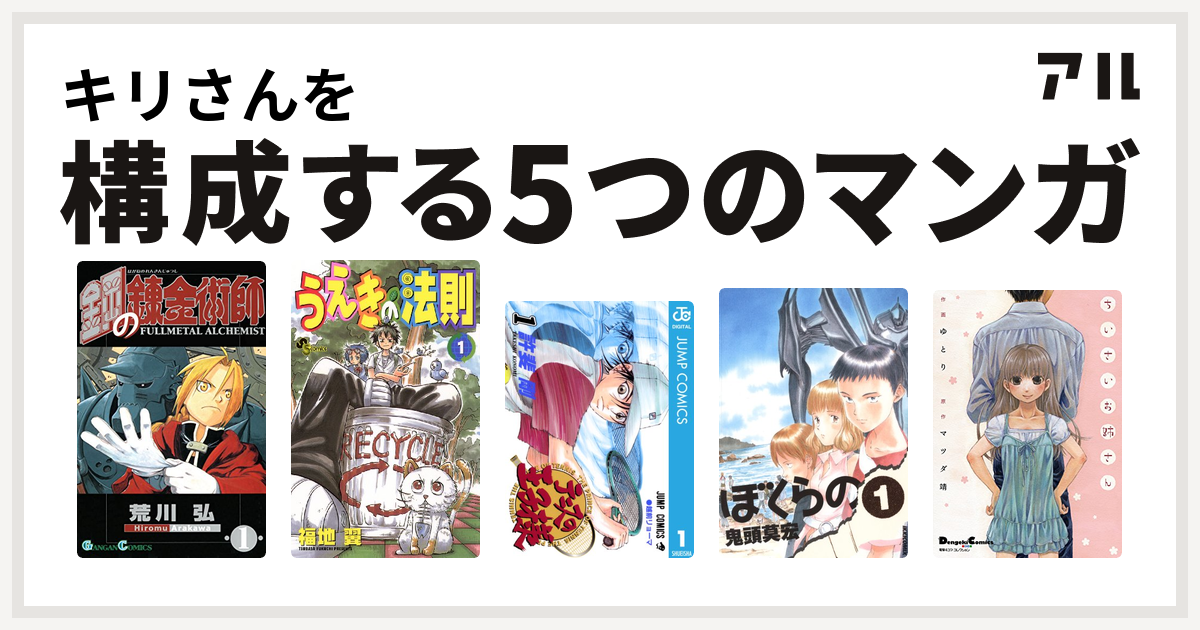 キリさんを構成するマンガは鋼の錬金術師 うえきの法則 テニスの王子様 ぼくらの ちいさいお姉さん 私を構成する5つのマンガ アル