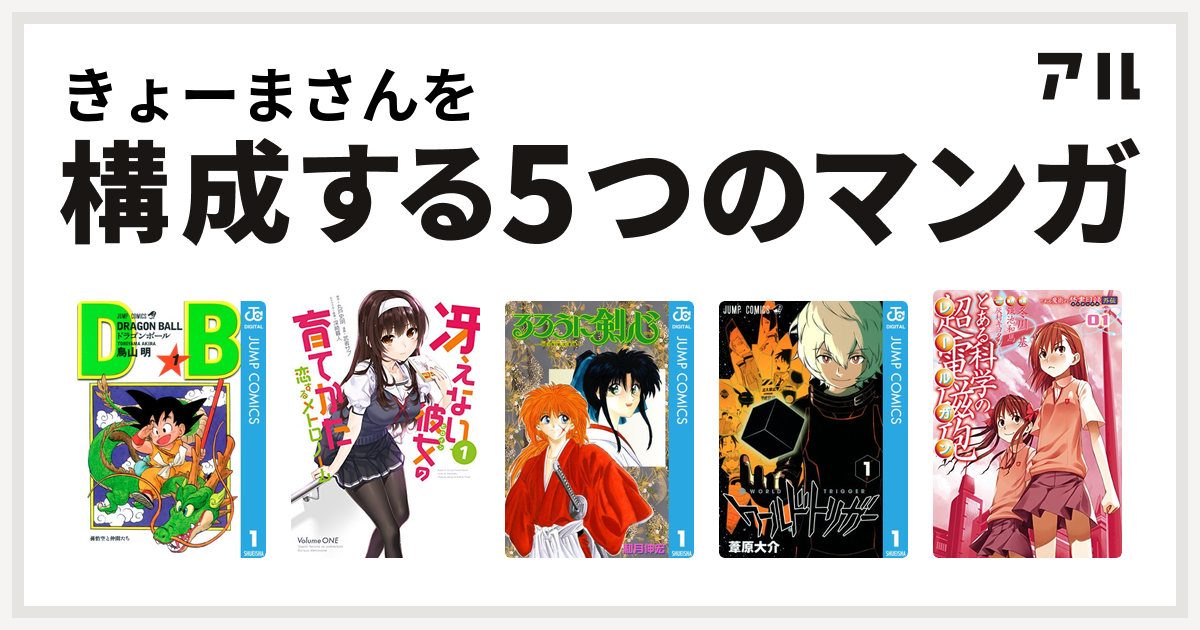 きょーまさんを構成するマンガはドラゴンボール 冴えない彼女の育てかた 恋するメトロノーム るろうに剣心 明治剣客浪漫譚 ワールドトリガー とある科学の超電磁砲 私を構成する5つのマンガ アル