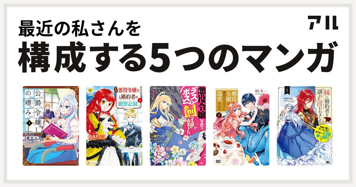 最近の私さんを構成するマンガは公爵令嬢の嗜み 自称悪役令嬢な婚約者の観察記録 悪役令嬢なのでラスボスを飼ってみました 悪役令嬢は隣国の王太子に溺愛される 妹に婚約者を譲れと言われました 最強の竜に気に入られてまさかの王国乗っ取り 私を構成する5つの