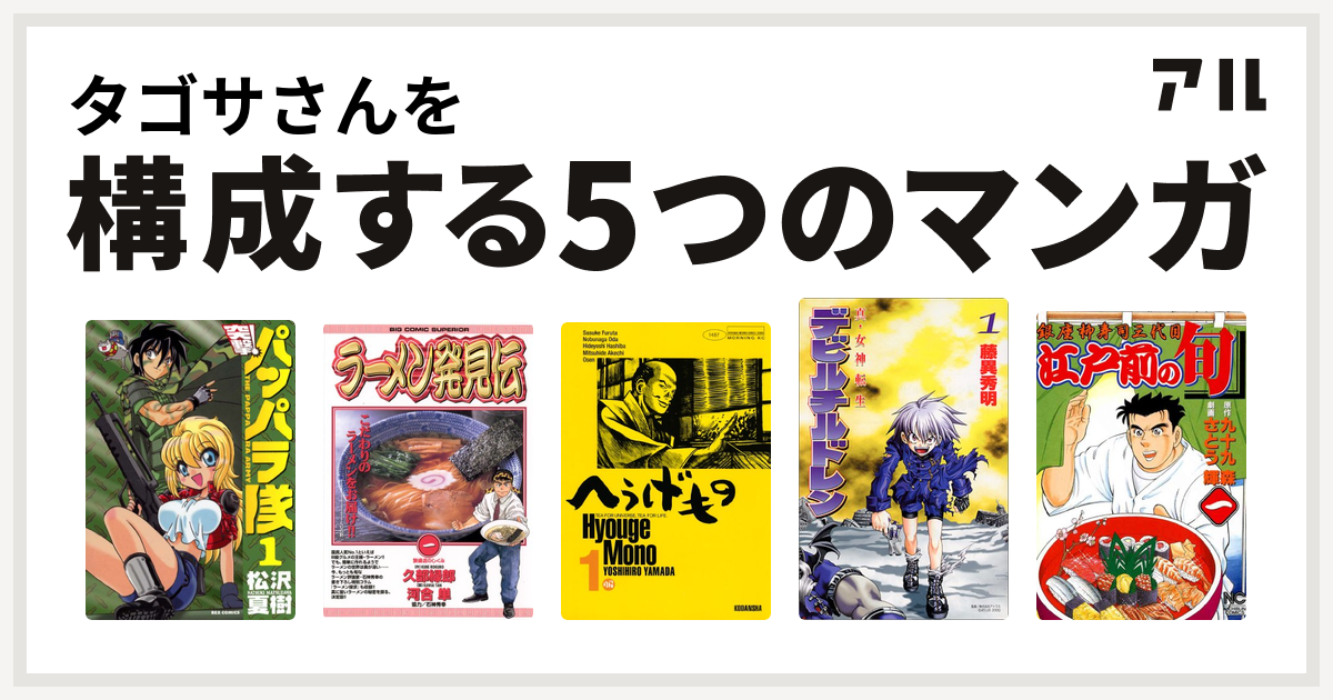 タゴサさんを構成するマンガは新装版 突撃 パッパラ隊 ラーメン発見伝 へうげもの 真 女神転生デビルチルドレン 江戸前の旬 私を構成する5つのマンガ アル