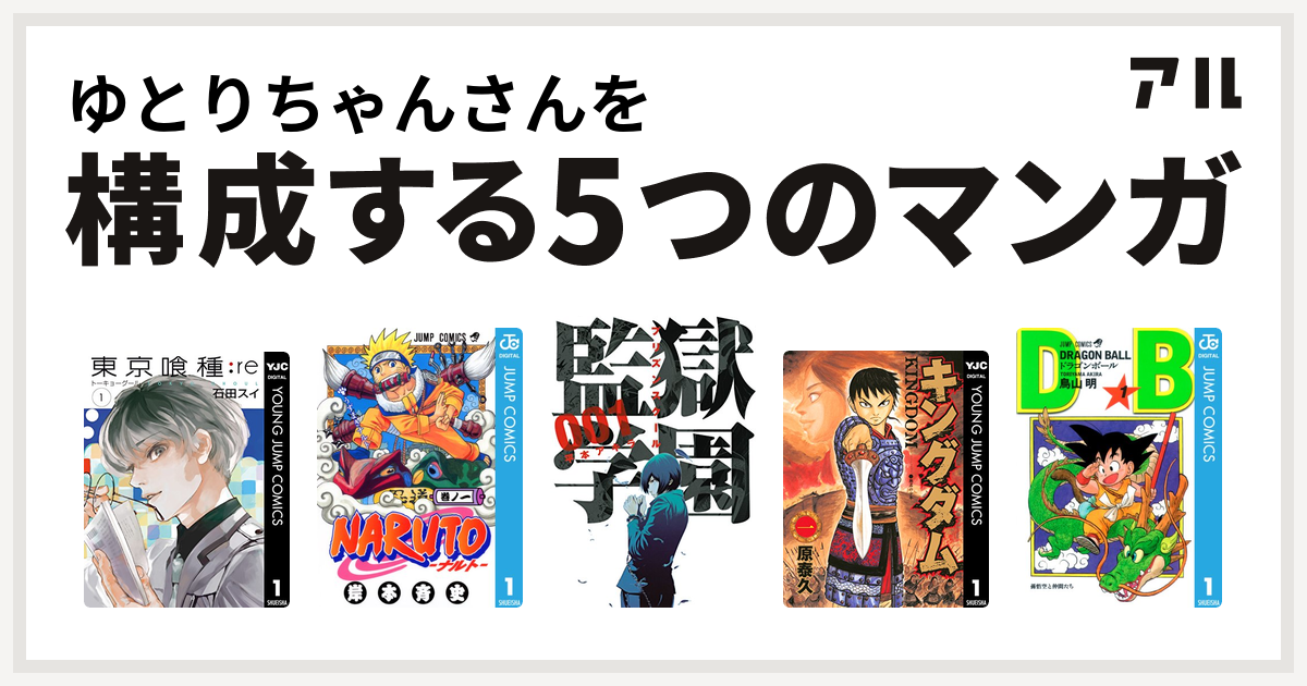 ゆとりちゃんさんを構成するマンガは東京喰種トーキョーグール Re Naruto ナルト 監獄学園 キングダム ドラゴンボール 私を構成する5つのマンガ アル