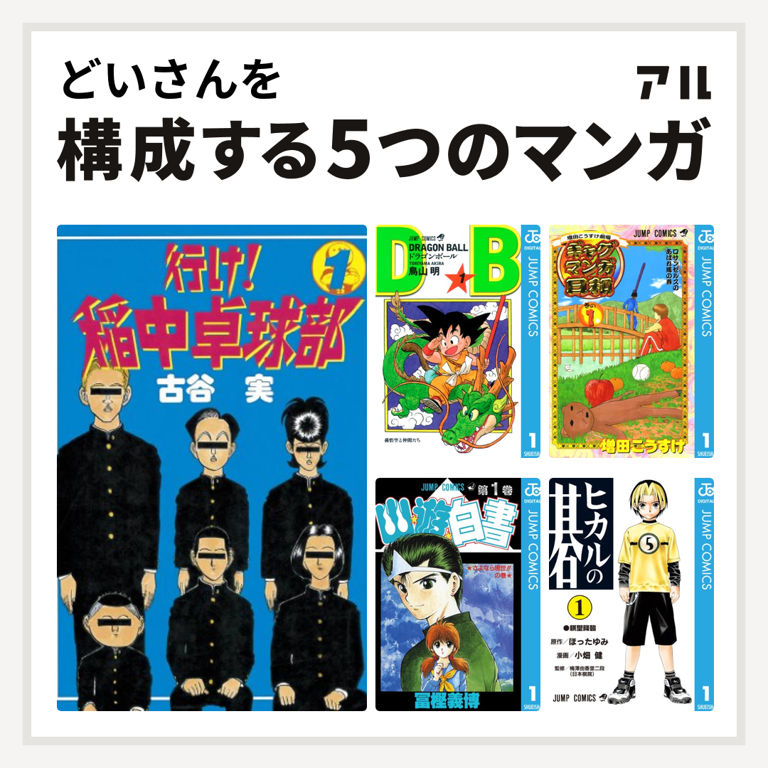 どいさんを構成するマンガは行け 稲中卓球部 ドラゴンボール 増田こうすけ劇場 ギャグマンガ日和 幽遊白書 ヒカルの碁 私を構成する5つのマンガ アル