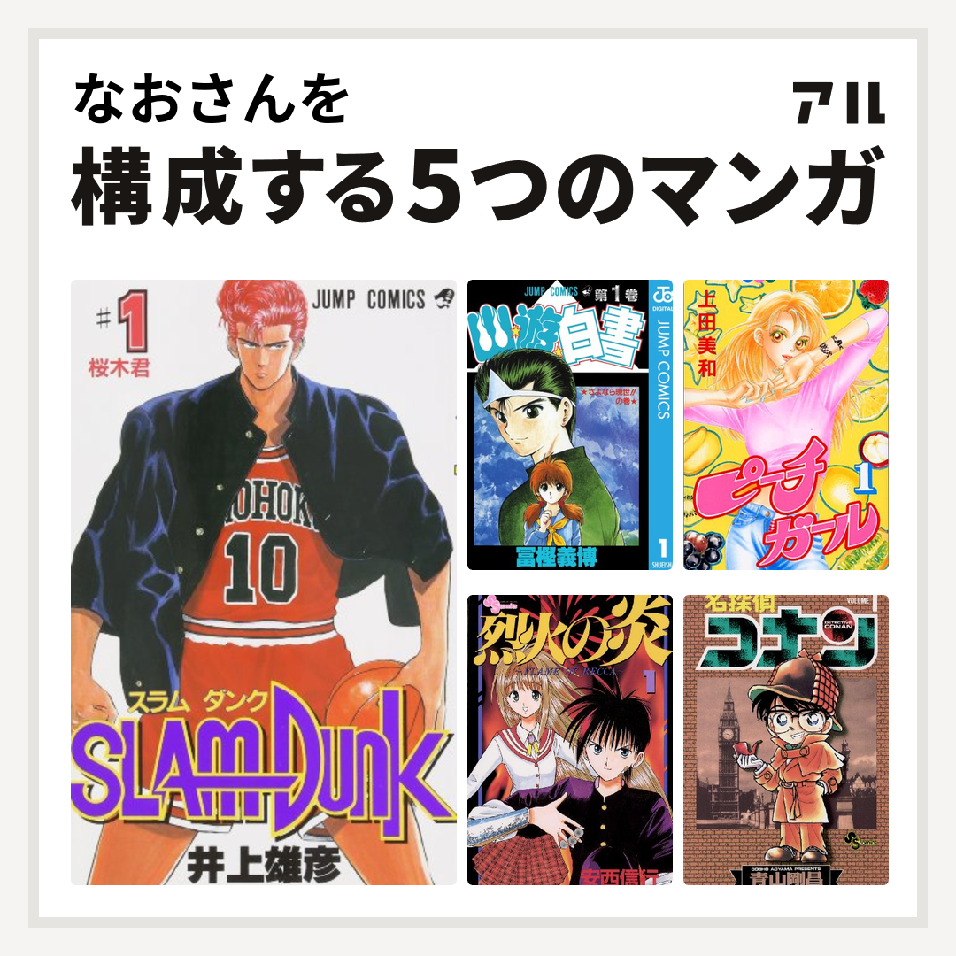 なおさんを構成するマンガはslam Dunk スラムダンク 幽遊白書 ピーチガール 烈火の炎 名探偵コナン 私を構成する5つのマンガ アル