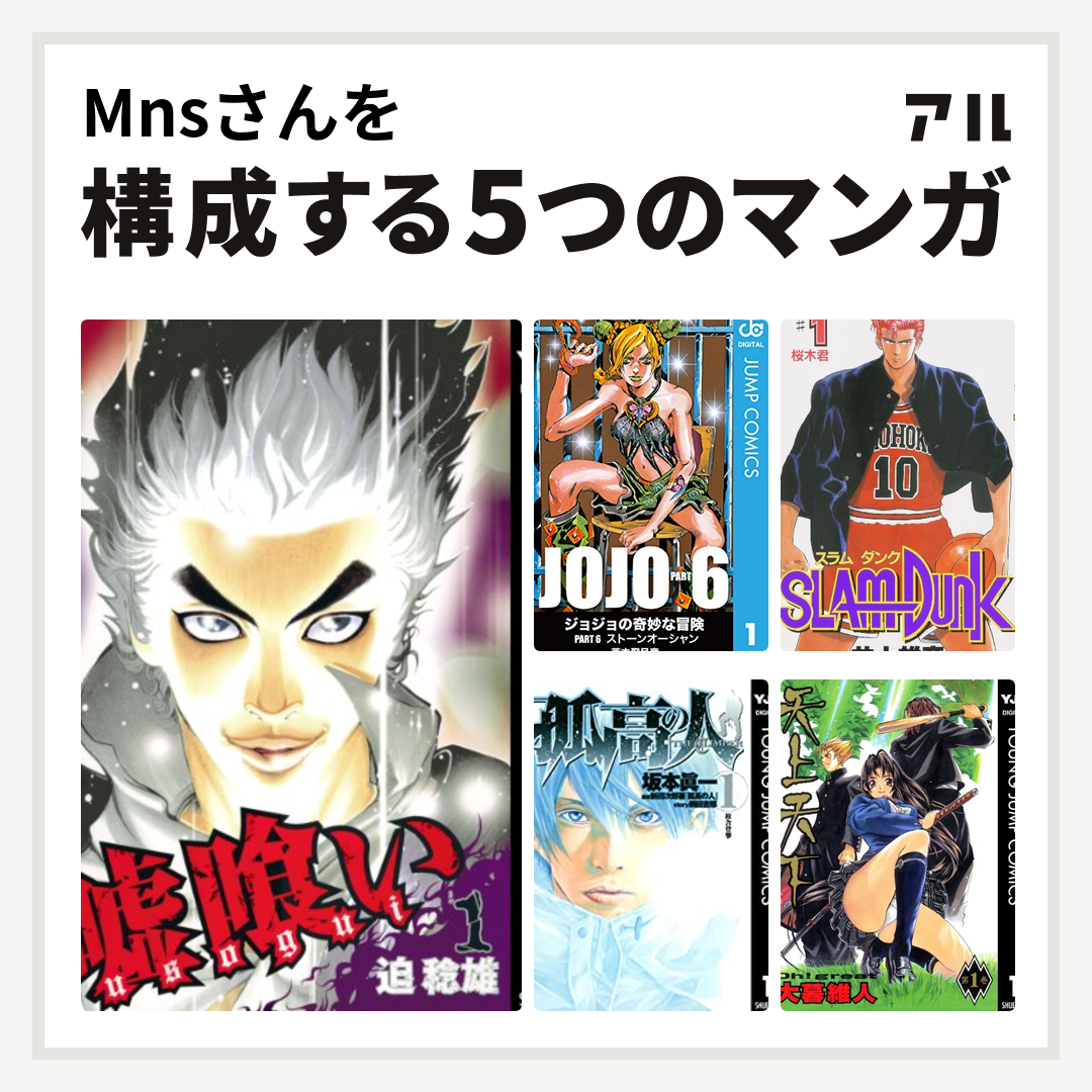 Mnsさんを構成するマンガは嘘喰い ジョジョの奇妙な冒険 第6部 Slam Dunk スラムダンク 孤高の人 天上天下 私を構成する5つのマンガ アル