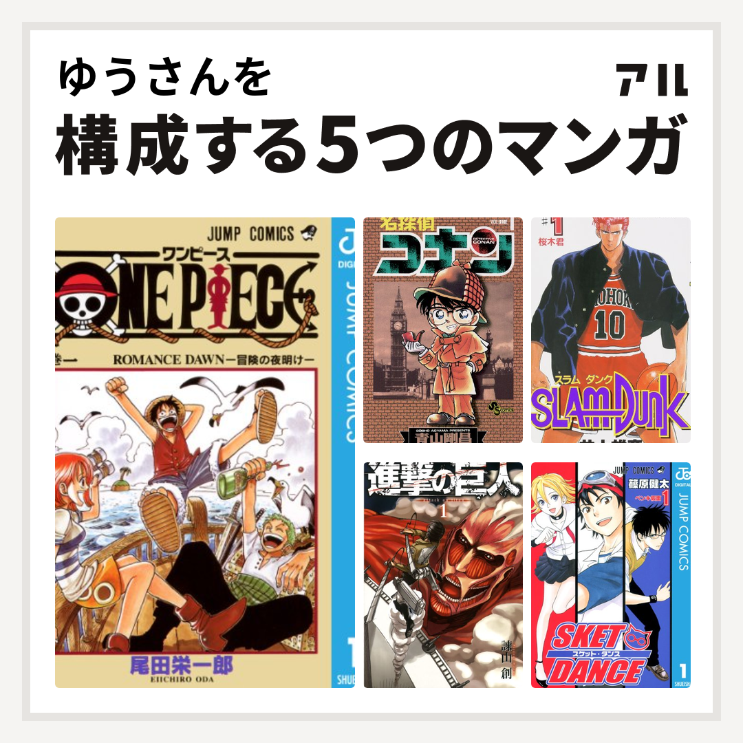 ゆうさんを構成するマンガはone Piece 名探偵コナン Slam Dunk スラムダンク 進撃の巨人 Sket Dance 私を構成する5つのマンガ アル