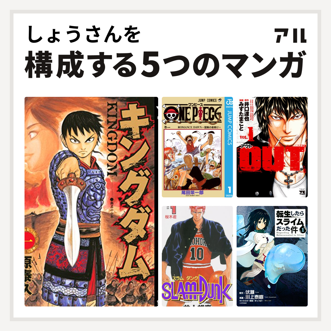 しょうさんを構成するマンガはキングダム One Piece Out Slam Dunk スラムダンク 転生したらスライムだった件 私を構成する5つのマンガ アル