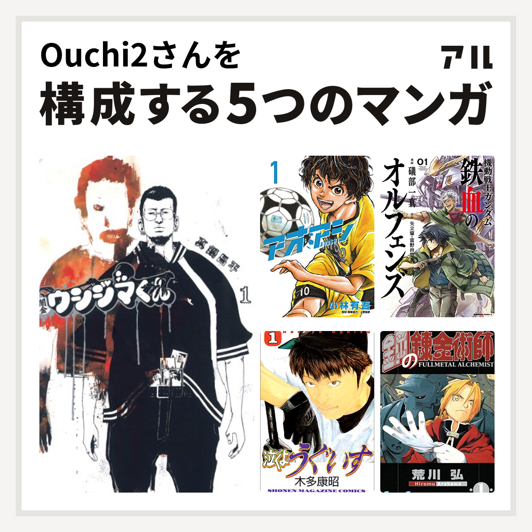 Ouchi2さんを構成するマンガは闇金ウシジマくん アオアシ 機動戦士ガンダム 鉄血のオルフェンズ 泣くようぐいす 鋼の錬金術師 私を構成する5つのマンガ アル