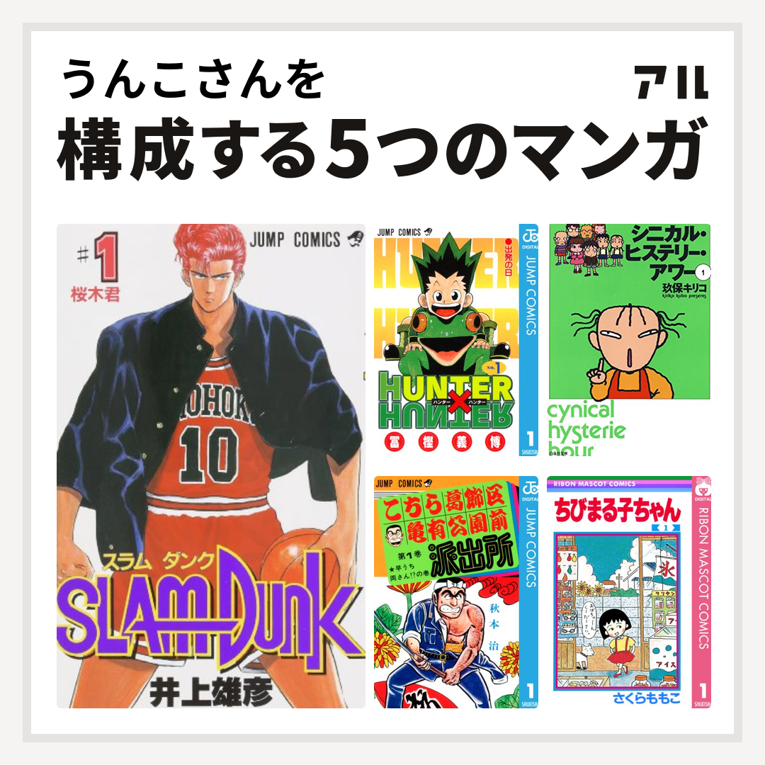 うんこさんを構成するマンガはslam Dunk スラムダンク Hunter Hunter シニカル ヒステリー アワー こちら葛飾区亀有公園前派出所 ちびまる子ちゃん 私を構成する5つのマンガ アル