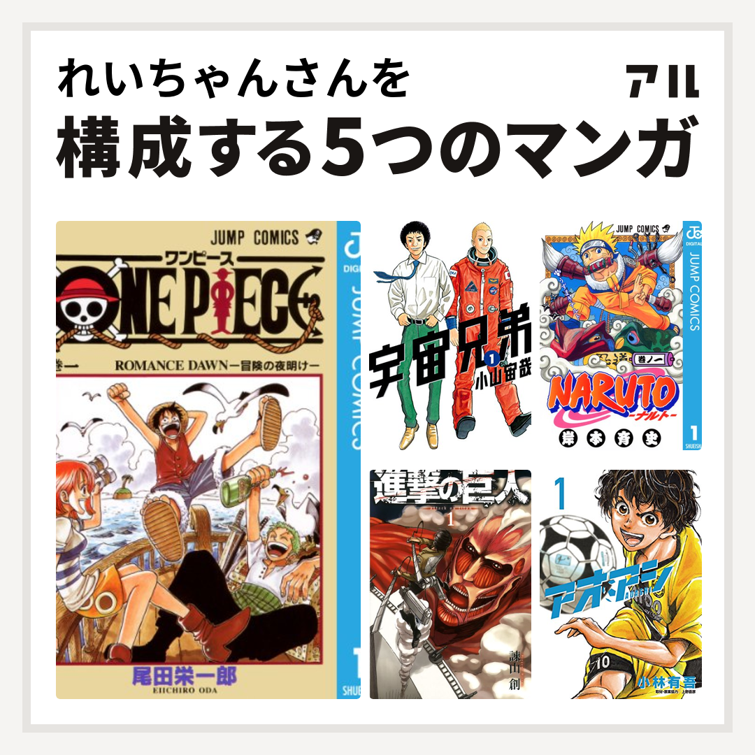 れいちゃんさんを構成するマンガはONE PIECE 宇宙兄弟 NARUTO-ナルト- 進撃の巨人 アオアシ - 私を構成する5つのマンガ | アル