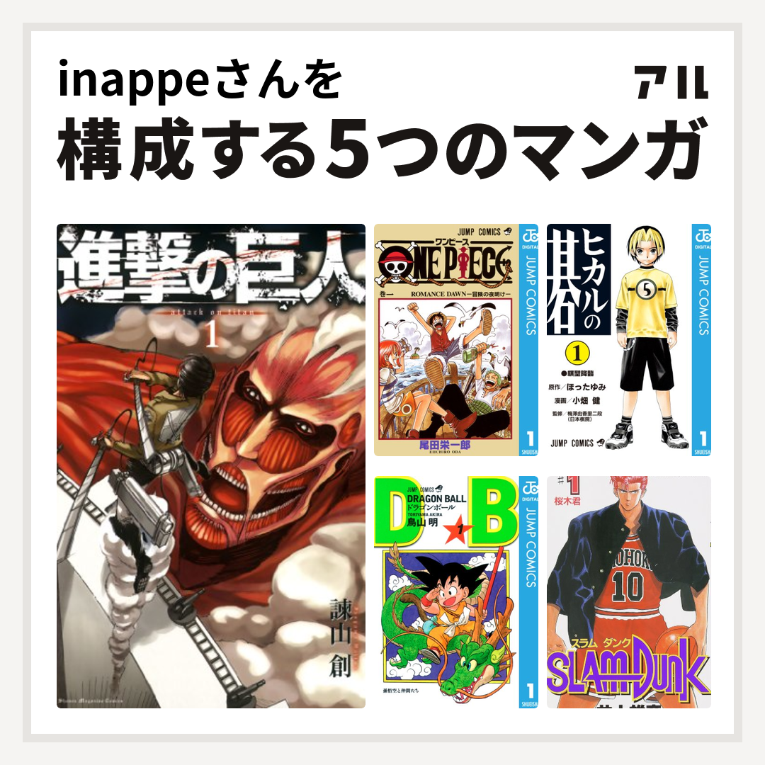 inappeさんを構成するマンガは進撃の巨人 ONE PIECE ヒカルの碁