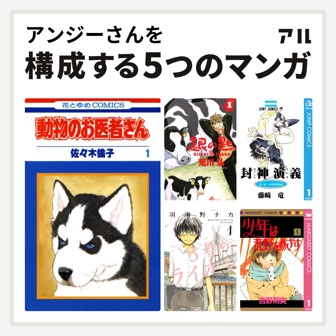 アンジーさんを構成するマンガは動物のお医者さん 銀の匙 Silver Spoon 封神演義 3月のライオン 少年は荒野をめざす 私を構成する5つのマンガ アル