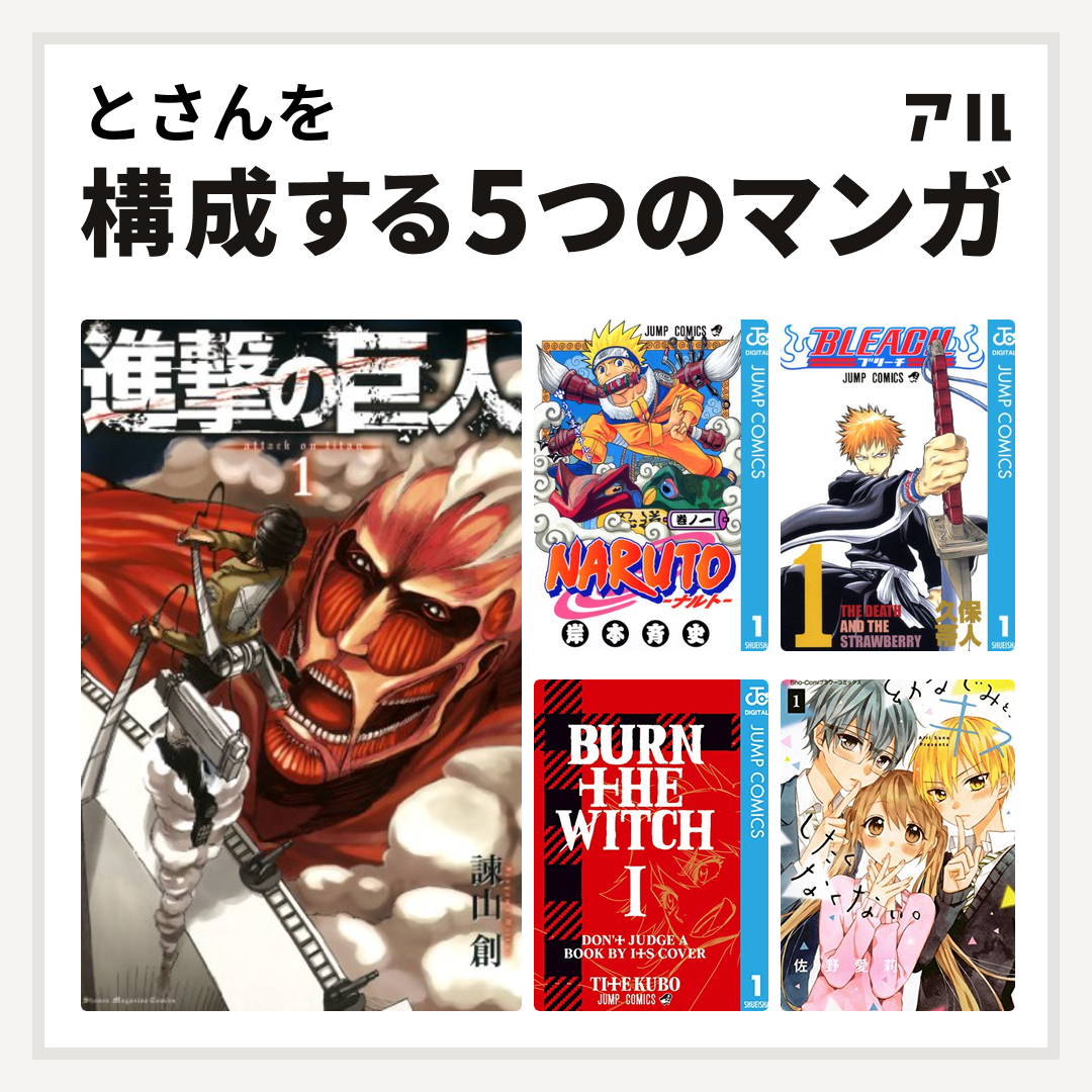 とさんを構成するマンガは進撃の巨人
NARUTO-ナルト-
BLEACH
BURN THE WITCH
幼なじみと、キスしたくなくない。！