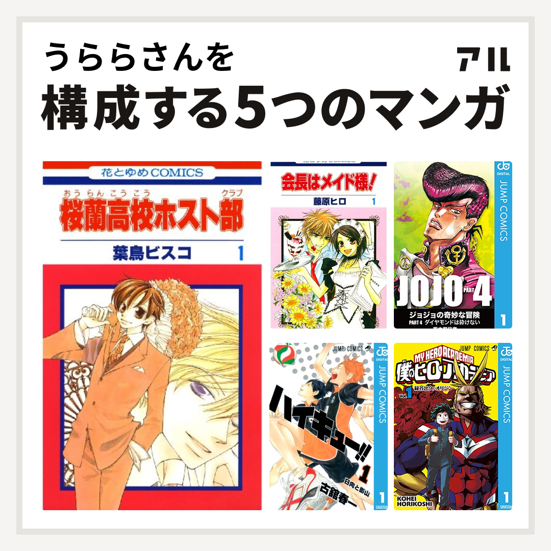 うららさんを構成するマンガは桜蘭高校ホスト部 会長はメイド様！ ジョジョの奇妙な冒険 第4部 ハイキュー!! 僕のヒーローアカデミア -  私を構成する5つのマンガ | アル