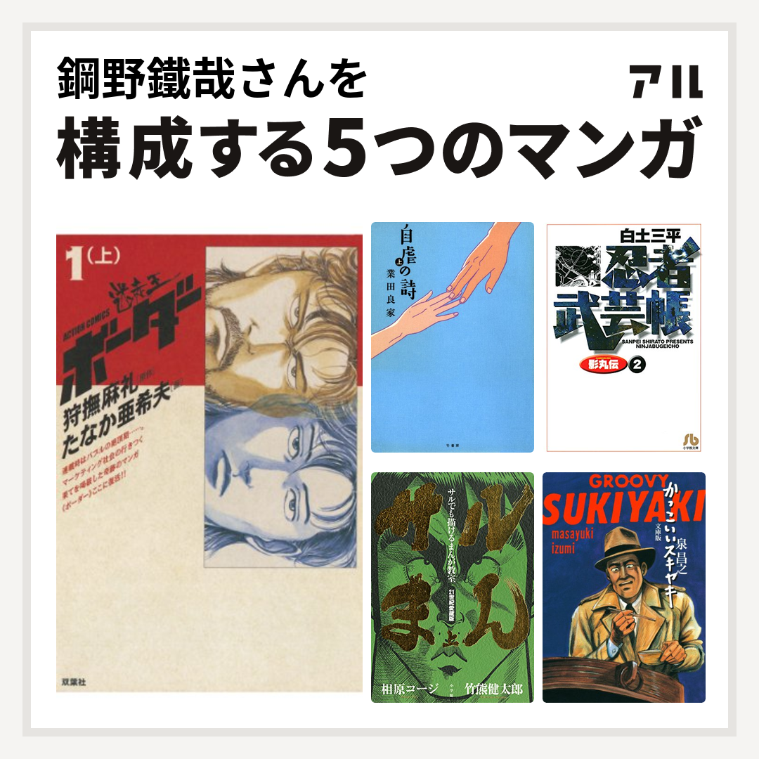 鋼野鐵哉さんを構成するマンガは迷走王 ボーダー 自虐の詩 忍者武芸帳 影丸伝 サルでも描けるまんが教室 サルまん かっこいいスキヤキ 私を構成する5つのマンガ アル