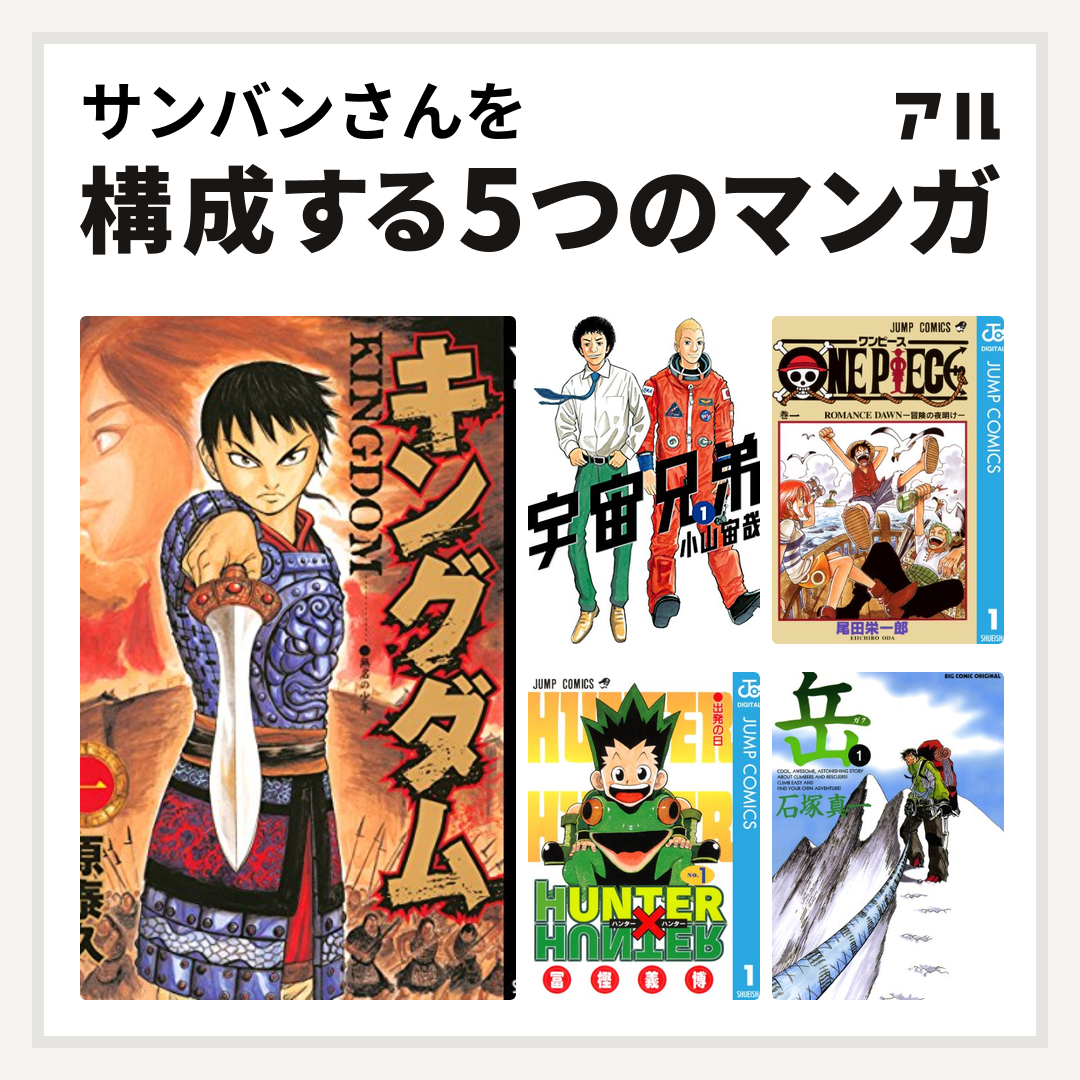 サンバンさんを構成するマンガはキングダム 宇宙兄弟 One Piece Hunter Hunter 岳 私を構成する5つのマンガ アル