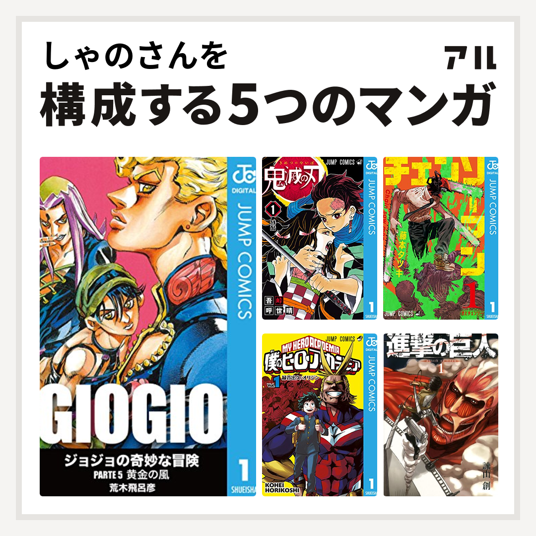 しゃのさんを構成するマンガはジョジョの奇妙な冒険 第5部 鬼滅の刃 チェンソーマン 僕のヒーローアカデミア 進撃の巨人 私を構成する5つのマンガ アル