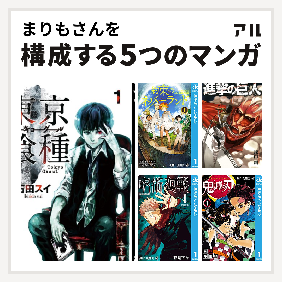 まりもさんを構成するマンガは東京喰種トーキョーグール 約束のネバーランド 進撃の巨人 呪術廻戦 鬼滅の刃 - 私を構成する5つのマンガ | アル