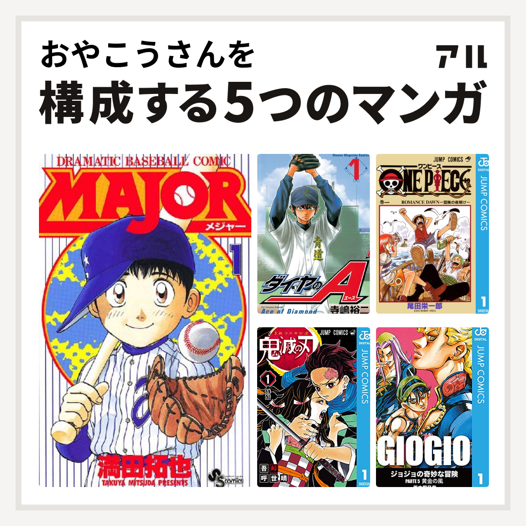 おやこうさんを構成するマンガはmajor ダイヤのa One Piece 鬼滅の刃 ジョジョの奇妙な冒険 第5部 私を構成する5つのマンガ アル