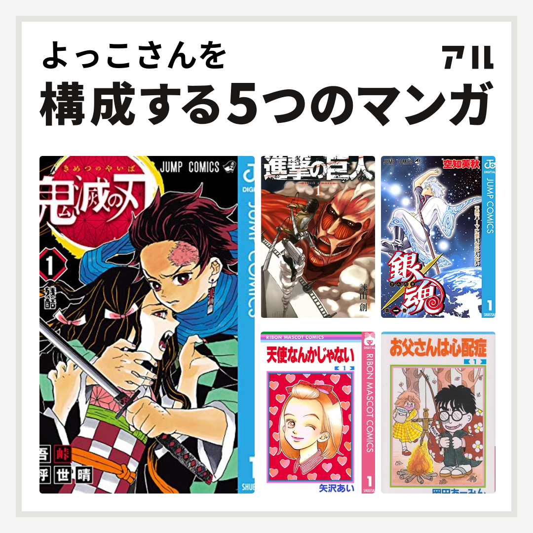 よっこさんを構成するマンガは鬼滅の刃 進撃の巨人 銀魂 天使なんかじゃない お父さんは心配症 - 私を構成する5つのマンガ | アル