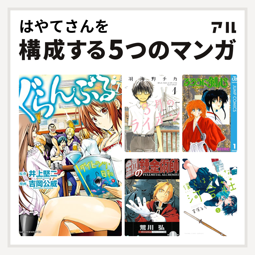 はやてさんを構成するマンガはぐらんぶる 3月のライオン るろうに剣心 明治剣客浪漫譚 鋼の錬金術師 僕らはみんな河合荘 私を構成する5つのマンガ アル