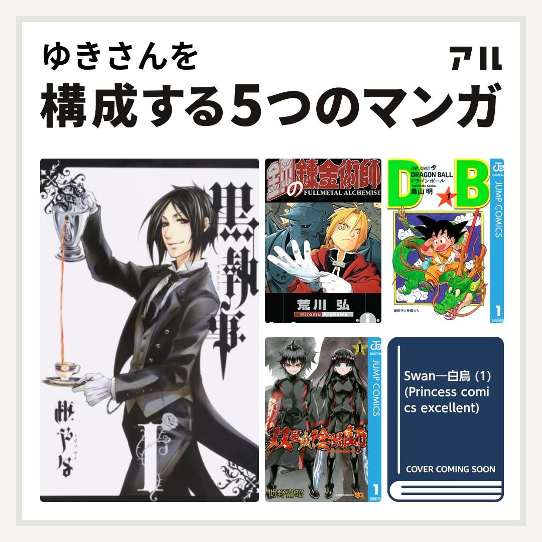 ゆきさんを構成するマンガは黒執事 鋼の錬金術師 ドラゴンボール 双星の陰陽師 Swan 私を構成する5つのマンガ アル