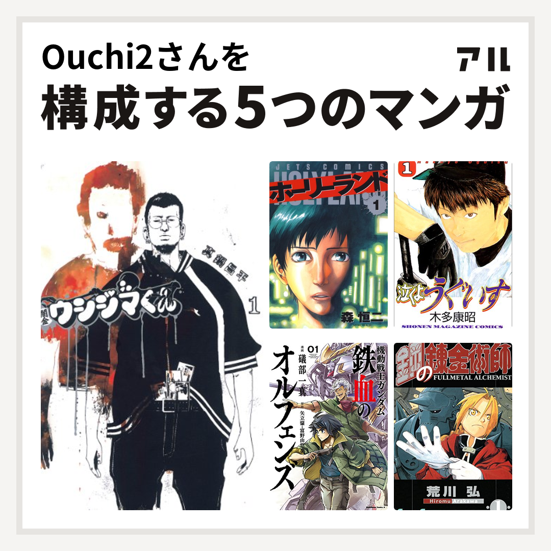 Ouchi2さんを構成するマンガは闇金ウシジマくん ホーリーランド 泣くようぐいす 機動戦士ガンダム 鉄血のオルフェンズ 鋼の錬金術師 私を構成する5つのマンガ アル